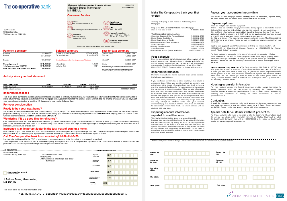 United Kingdom The Co operative bank mortgage statement in Word and PDF formats, 2 pages